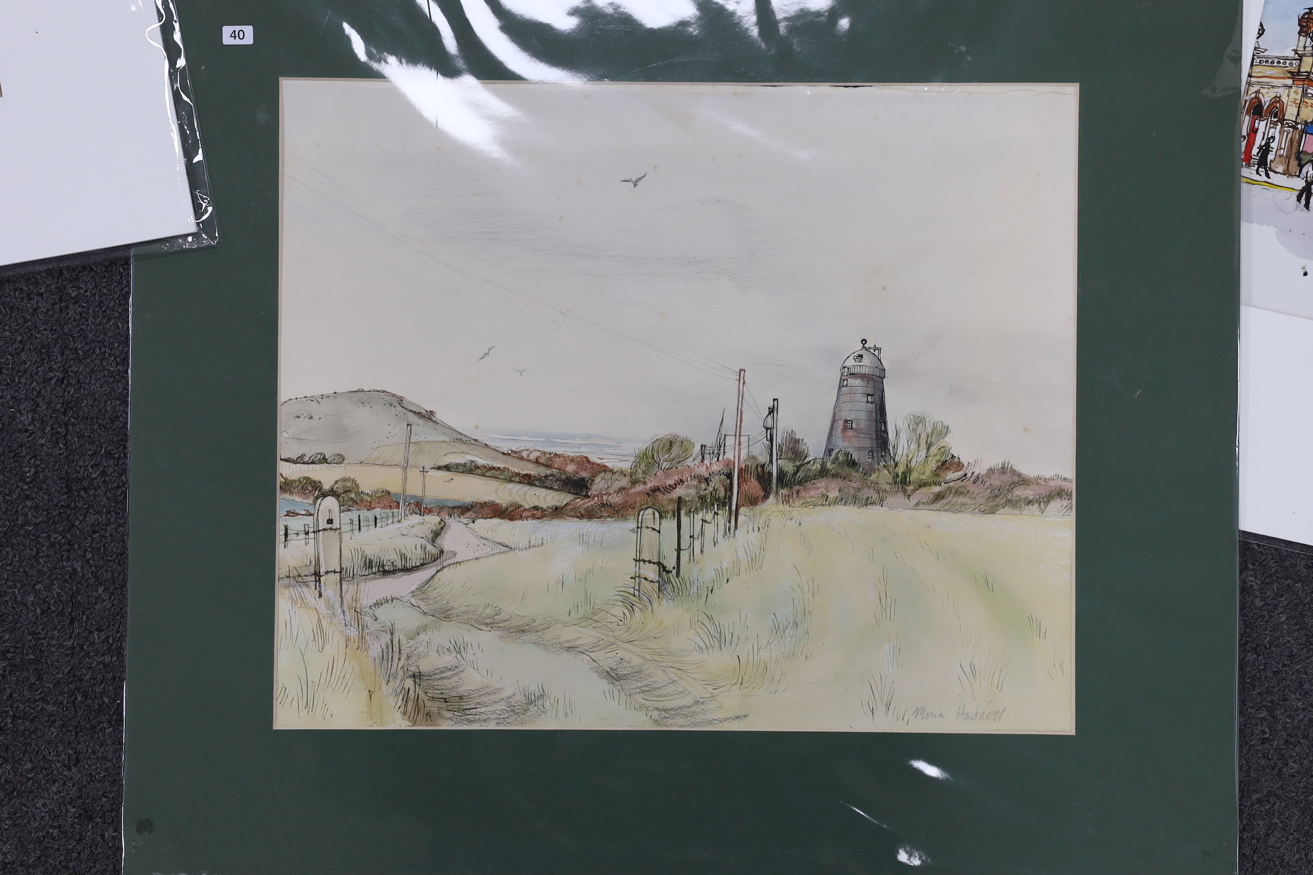 Moira Hoddell, four ink and watercolours, including Bridge over the river Ouse and Lewes Station, each signed, some with inscriptions, mounted, unframed, largest 24 x 34cm